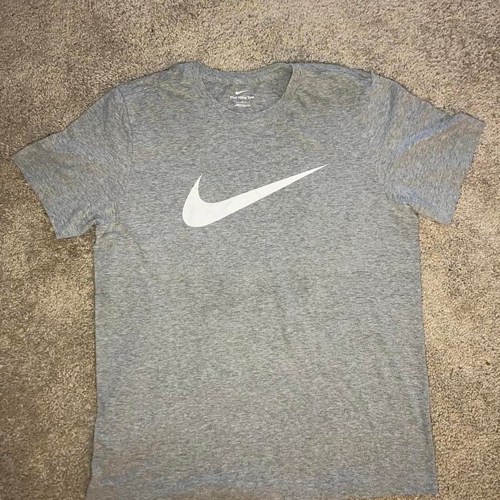 Gray Nike tee with white swoosh, size L